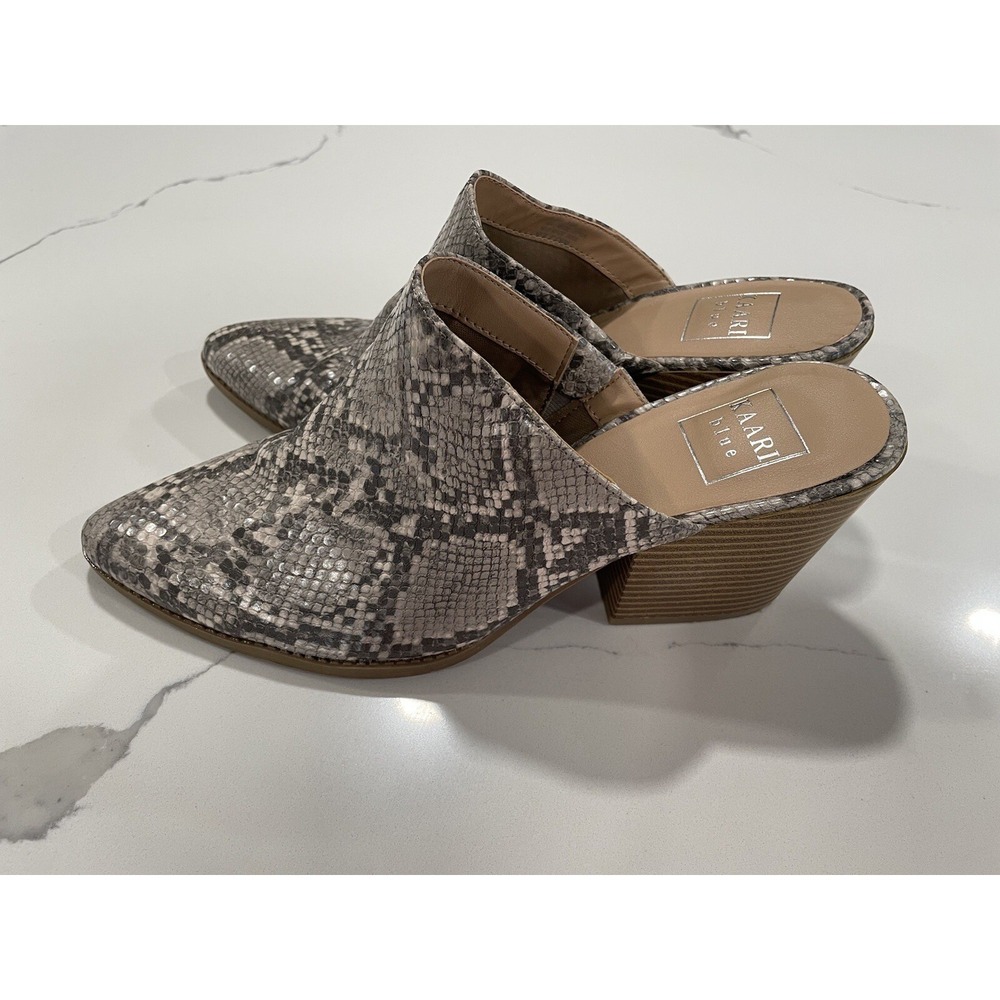 Kaari Blue Eliza Mules Snakeskin Print 10 Pointy‎ Toe Gray Silver SHB